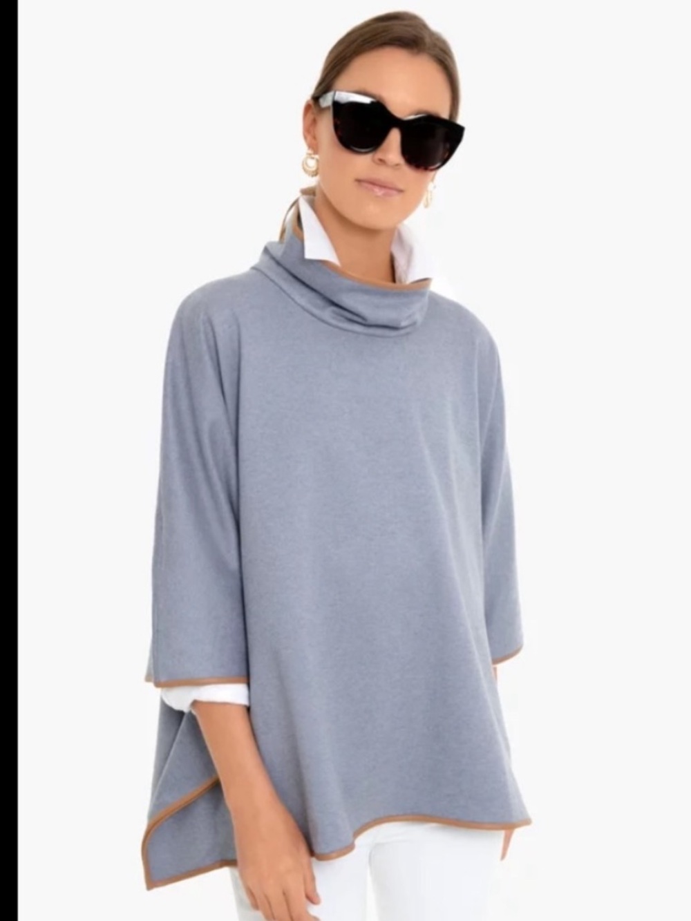 Tuckernuck Piper Poncho Blue Gray Slate Funnel Neck Leather Trim Cape OS